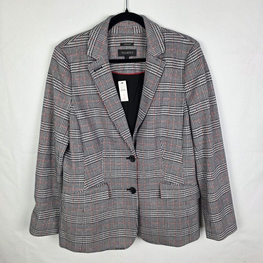 Talbots Aberdeen Blazer Jacket Womens‎ 14 Houndstooth Plaid Knit Cotton Blend